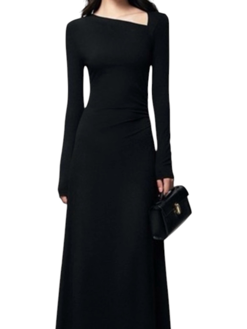 Commense Black Long Sleeve Asymmetric Neck Ruched Maxi Dress Large NWT Rayon